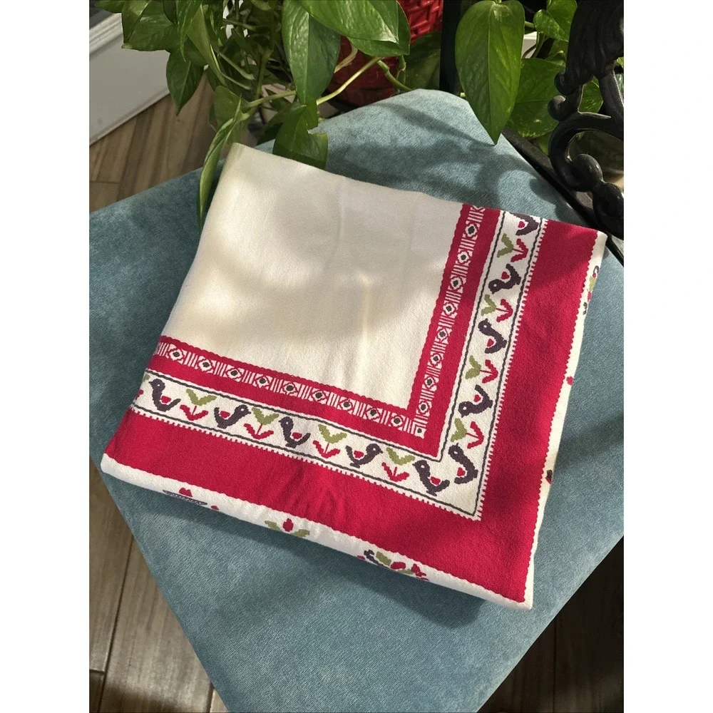 Beautiful  1960's Style Folk Art Red-green Cotton Tablecloth 52x46